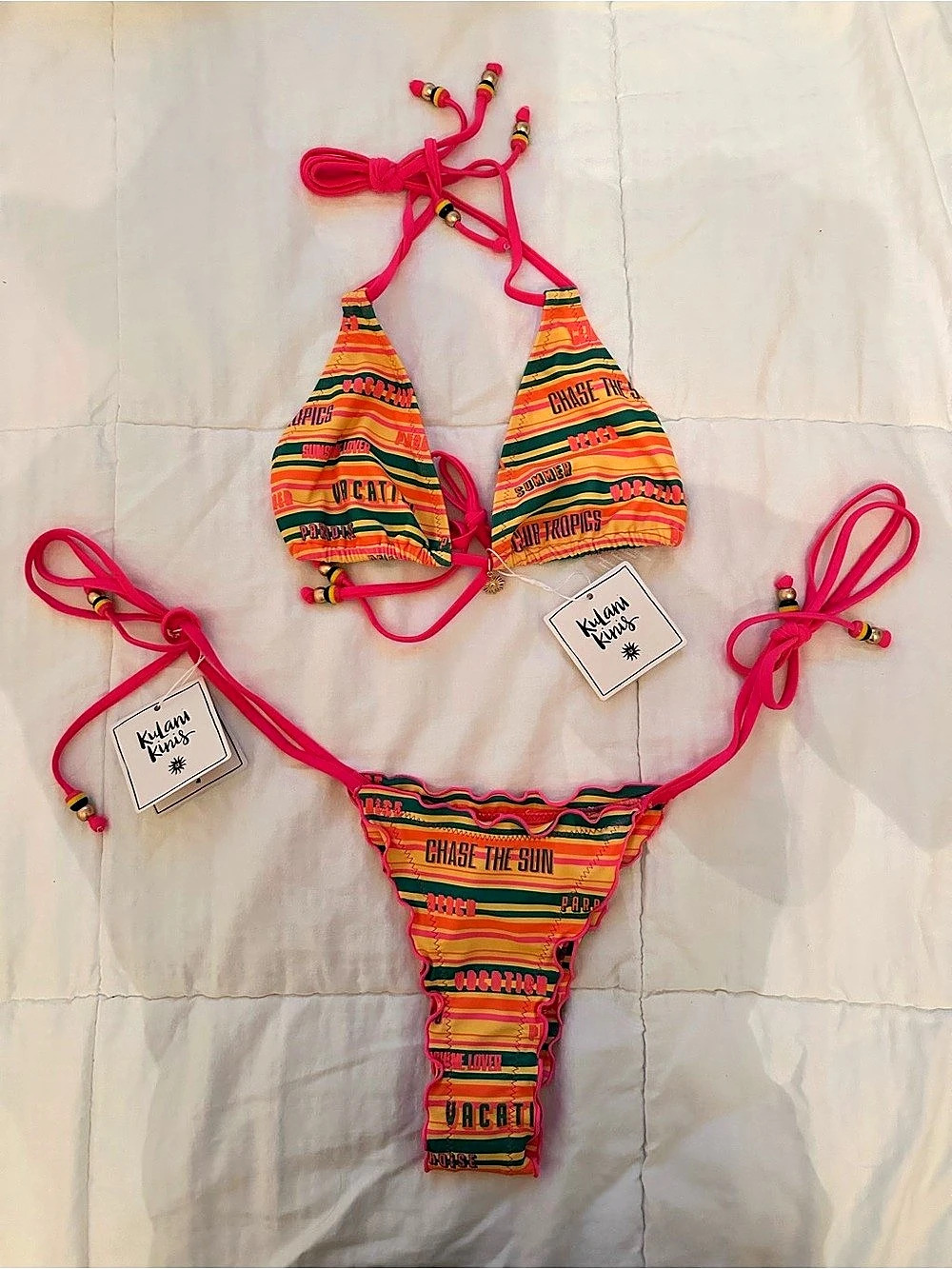 Kulan Kinis Striped Bikini Set in Pink & Green Size Large NWT
